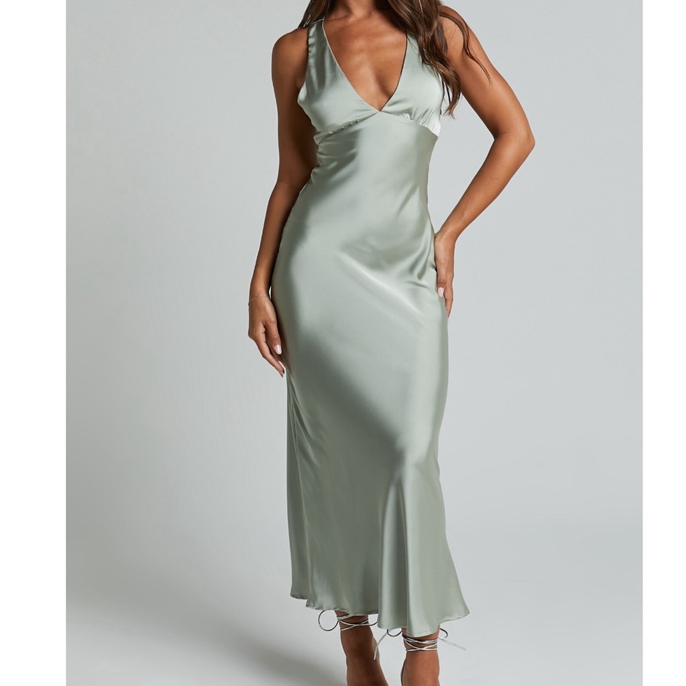 Sage Satin Midi Slip Dress